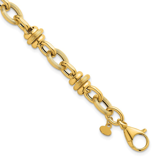 14K Yellow Gold Polished and Textured Round and Oval Fancy Chain 7.5 Inch Bracelet