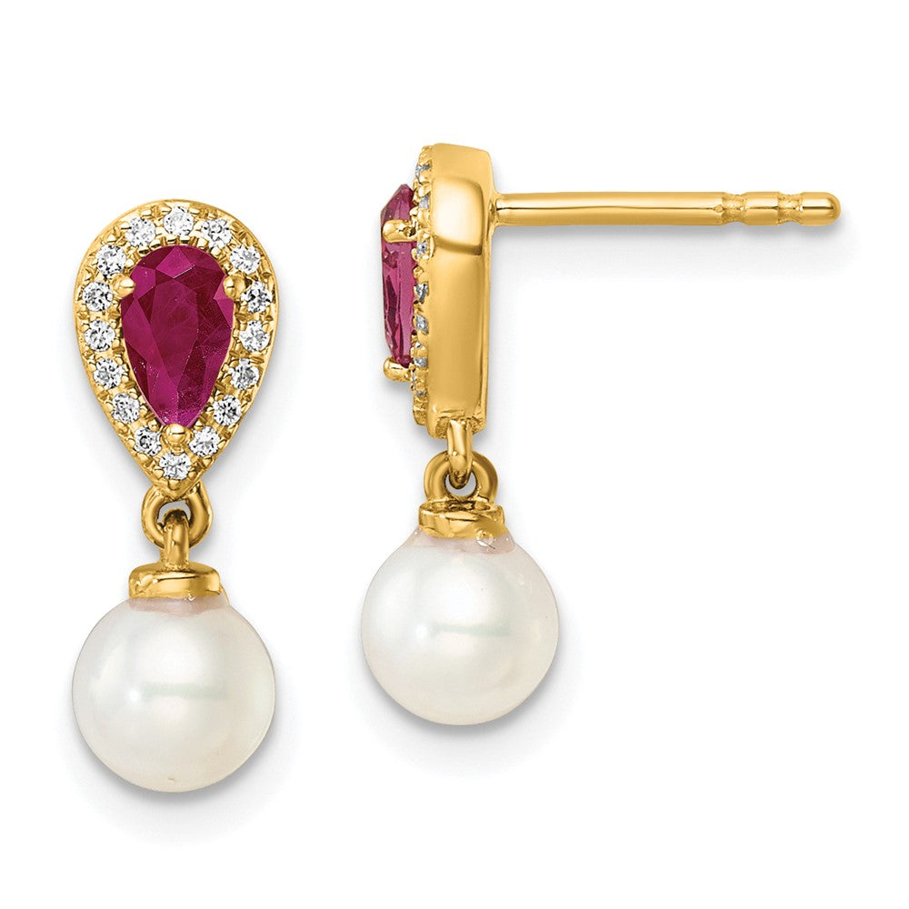 14K Yellow Gold Round Freshwater Cultured Pearl/.09 carat Diamond/Pear Ruby Dangle Post Earrings