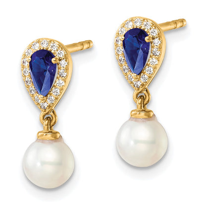 14K Yellow Gold Round Freshwater Cultured Pearl/.09 carat Diamond/Pear Sapphire Dangle Post Earrings