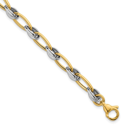 14K Two-Tone Gold Two-tone Polished 7mm Fancy Oval Chain 7.5 Inch Bracelet