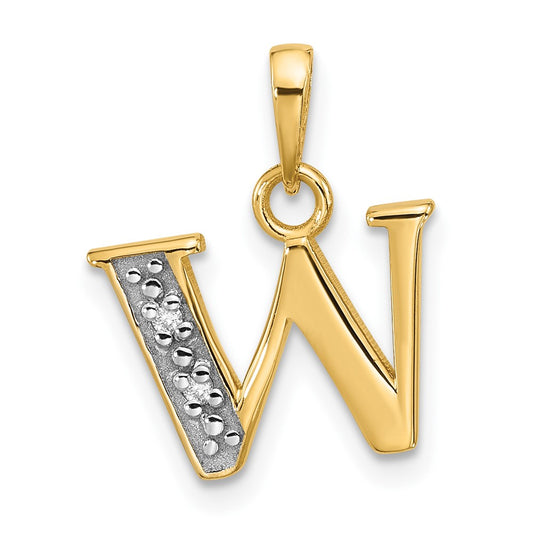 14K Yellow Gold with Rhodium Diamond Letter W Initial Pendant