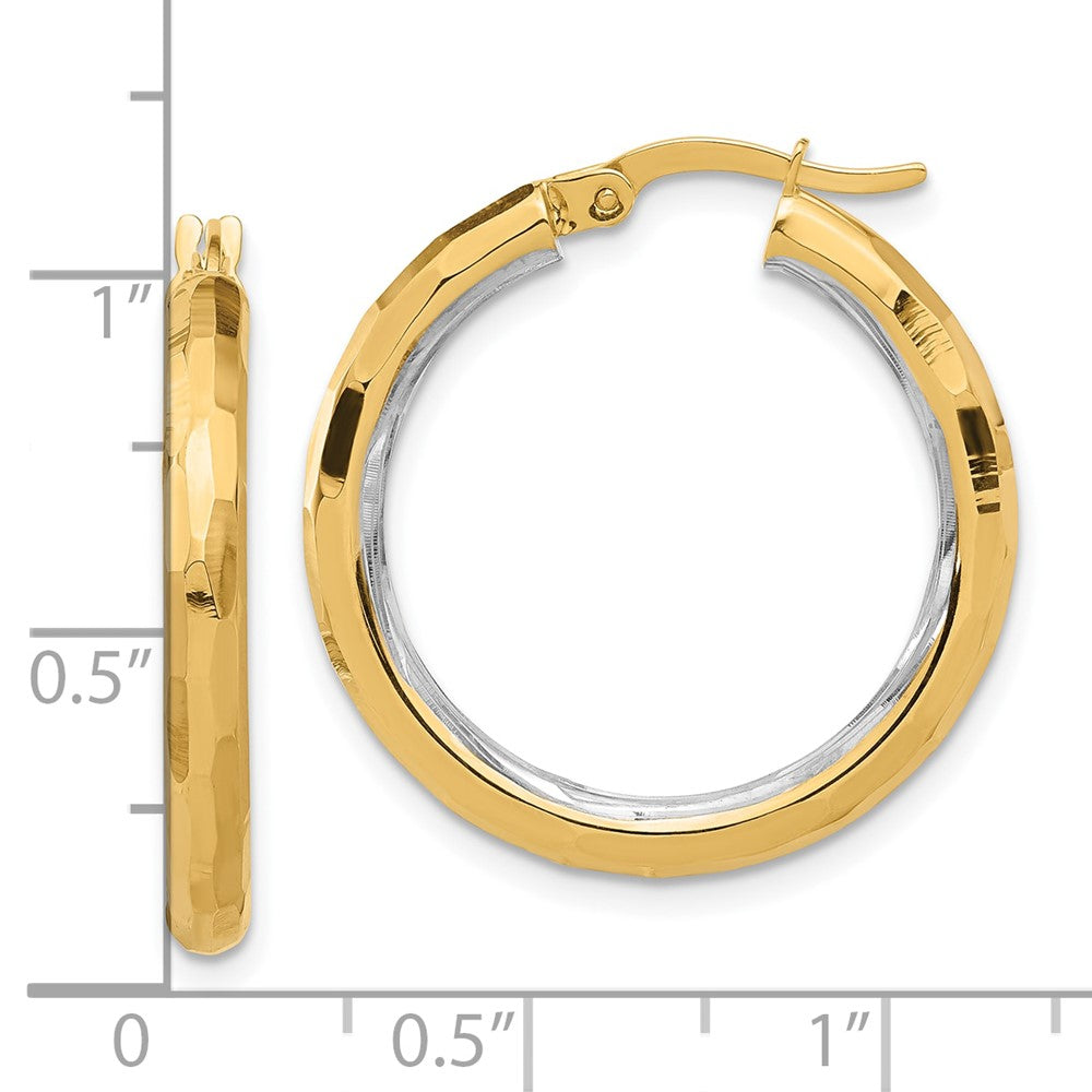 14K Yellow Gold with Rhodium Polished and Diamond-cut Hoop Earrings