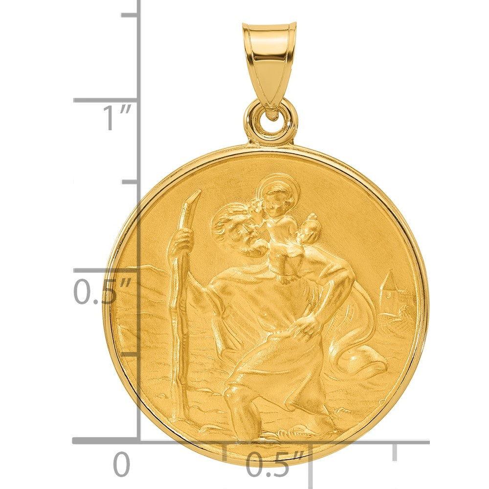 14K Yellow Gold Polished and Satin Solid Large St. Christopher Medal Round Pendant