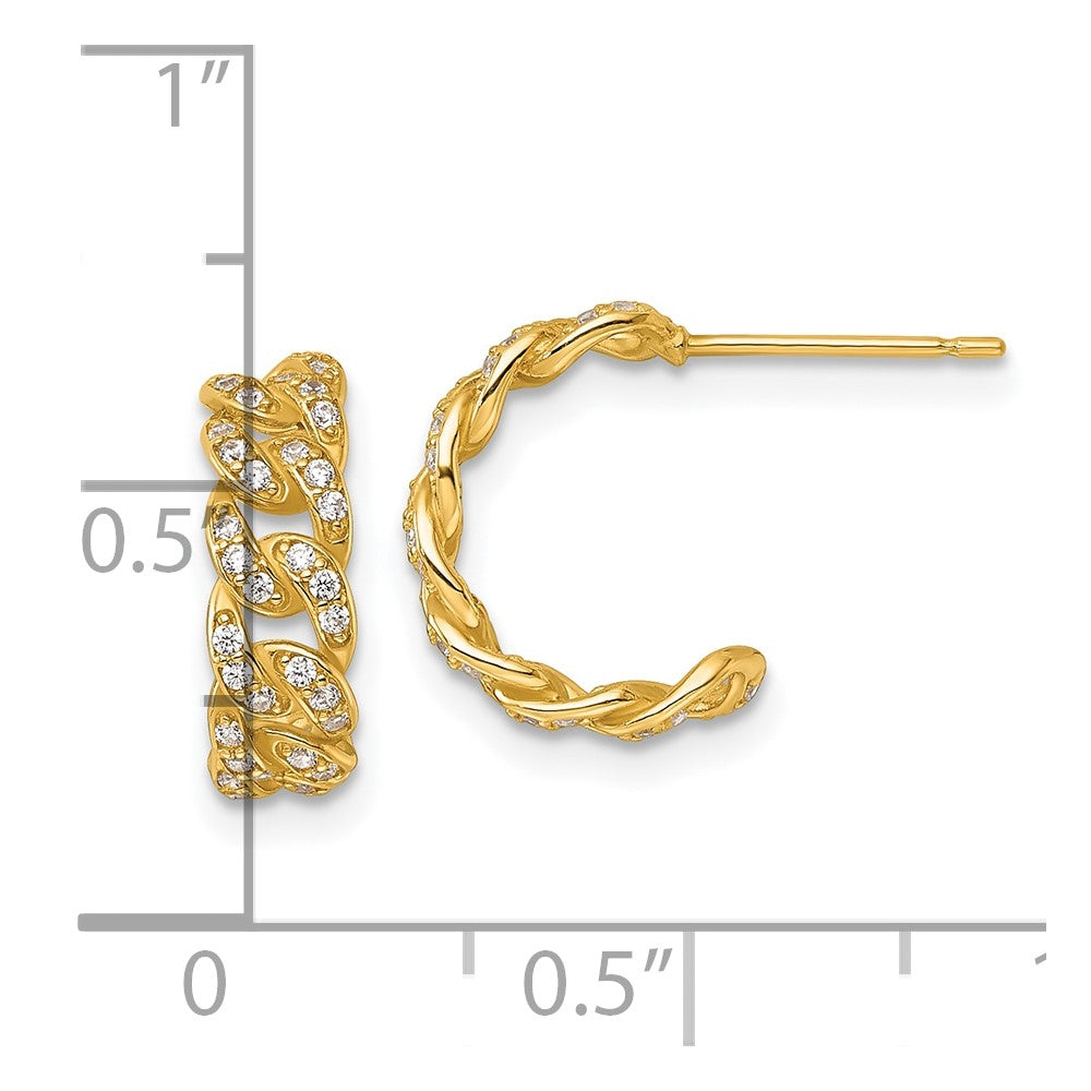 14K Yellow Gold Polished CZ Curb Link C-Hoop Post Earrings
