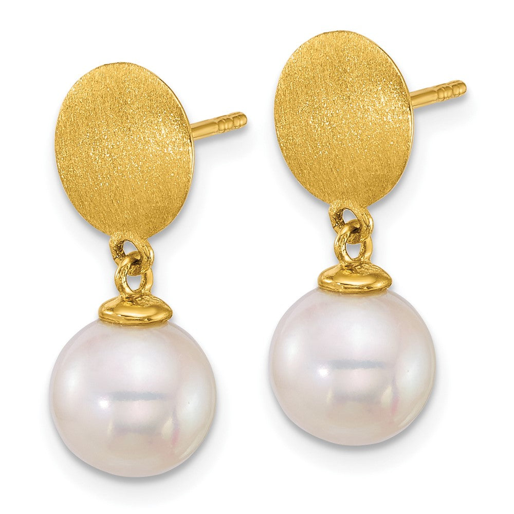 14K Yellow Gold Satin 8-9mm Round South Sea Saltwater Cultured Pearl Dangle Post Earrings