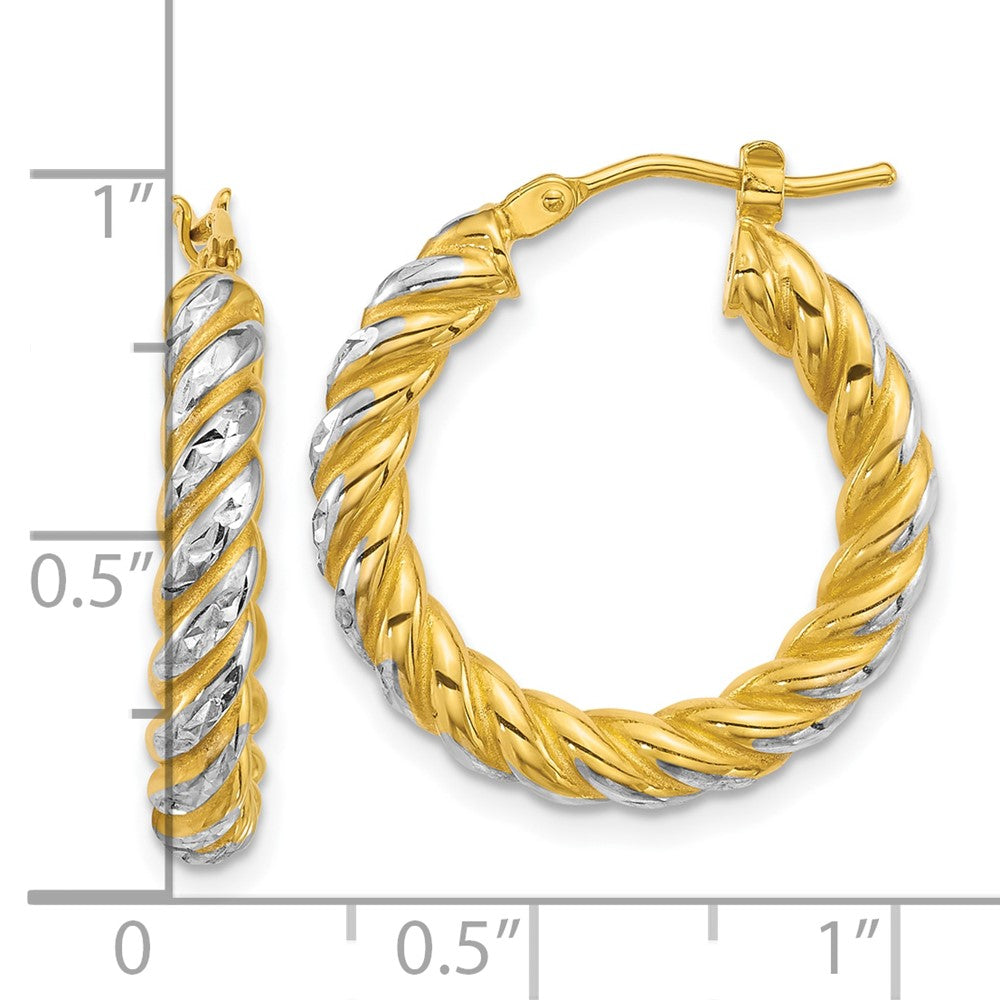 14K Yellow Gold with Rhodium Polished Diamond-cut Twisted 3.75mm Tube Hoop Earrings