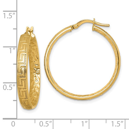 14K Yellow Gold Polished Greek Key Design Textured 4.00 x 28mm Tube Hoop Earrings