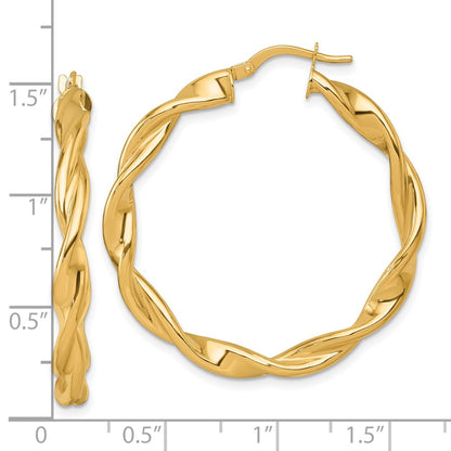 14K Yellow Gold Polished Twisted 4.00 x 38mm Tube Hoop Earrings