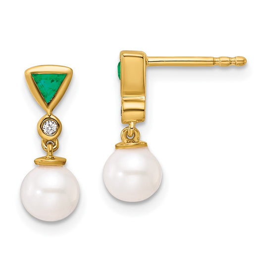 14K Yellow Gold Round Freshwater Cultured Pearl/.02 carat Diamond/Trillion Emerald Dangle Post Earrings