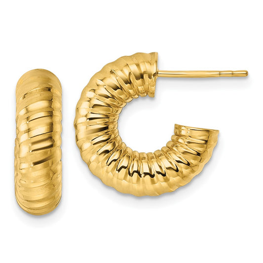 14K Yellow Gold Polished 5.00mm Textured Tube C-Hoop Post Earrings