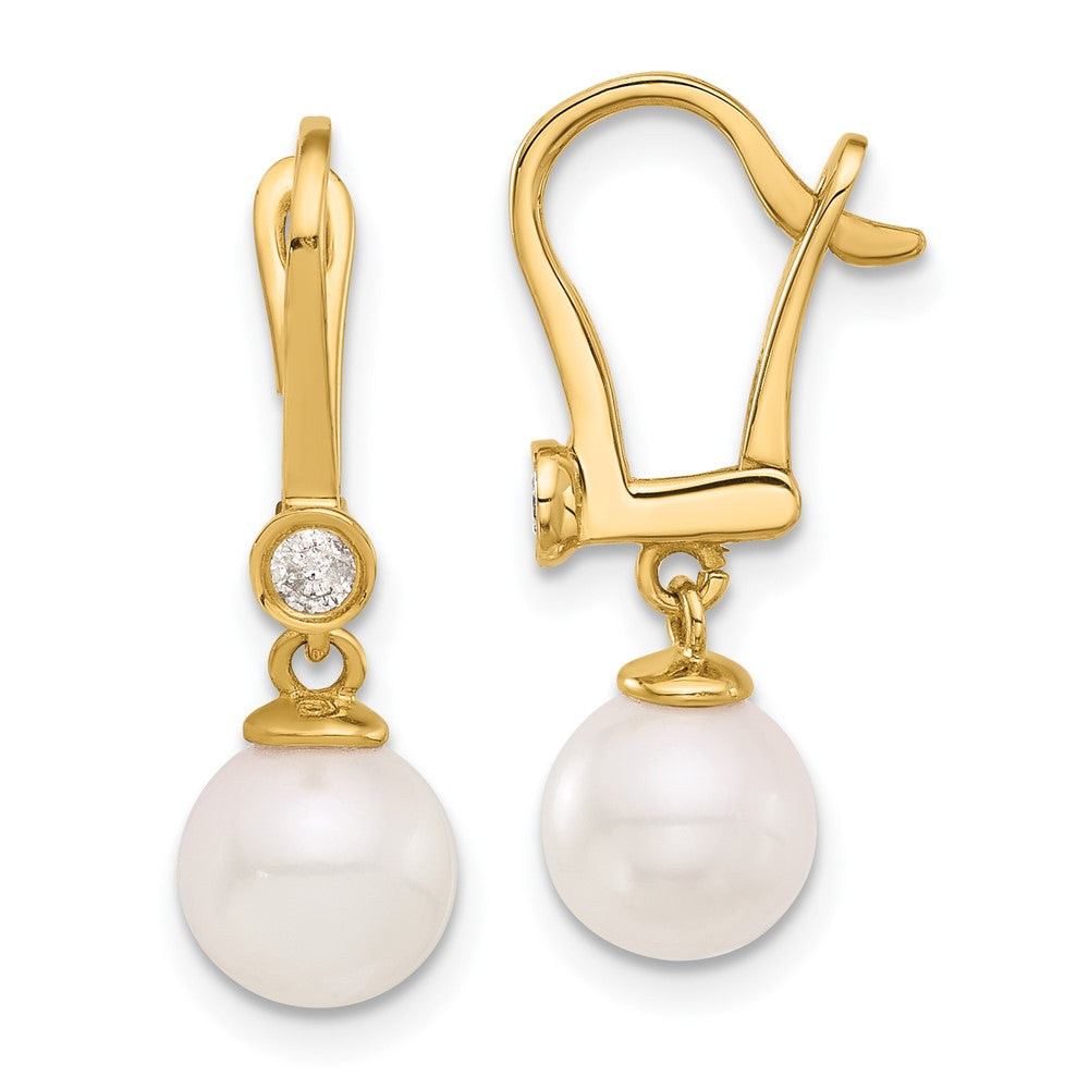 14K Yellow Gold 7-8mm Round Akoya Saltwater Cultured Pearl and .10 Carat Diamond Dangle Earrings
