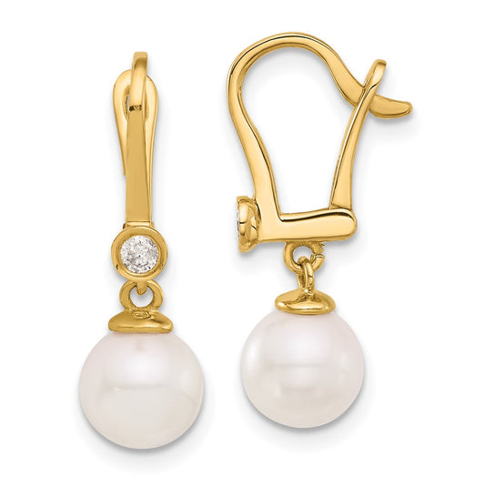 14K Yellow Gold 7-8mm Round Akoya Saltwater Cultured Pearl and .10 Carat Diamond Dangle Earrings