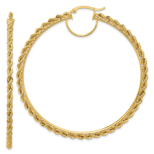 14K Yellow Gold Polished and D/C Rope 2.95mm Hoop Earrings