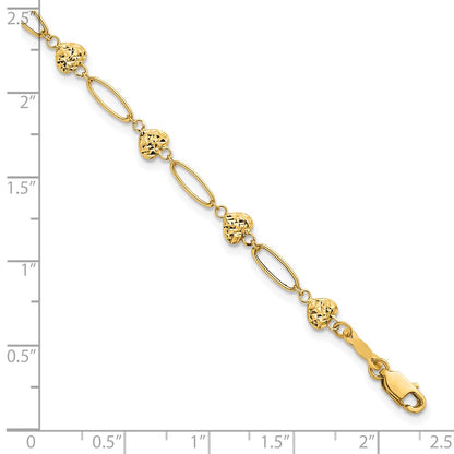14K Yellow Gold Polished Oval Links with Diamond-cut Puffed Hearts 7.5 Inch Bracelet