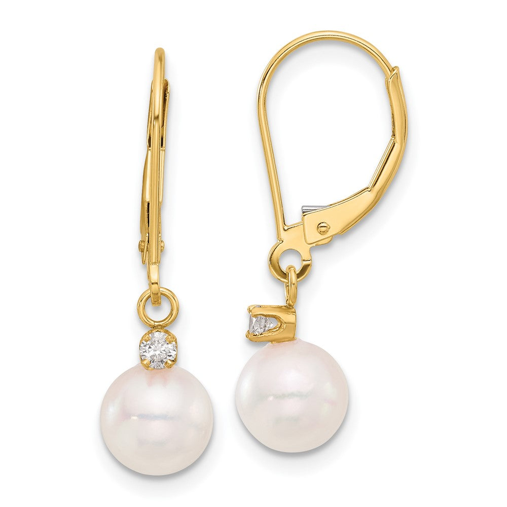 14K Yellow Gold 7-8mm Round Akoya Saltwater Cultured Pearl and .10 Carat Diamond Dangle Leverback Earrings
