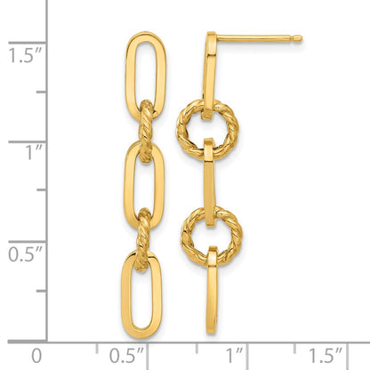 14K Yellow Gold Polished and Textured Chain Link Dangle Post Earrings