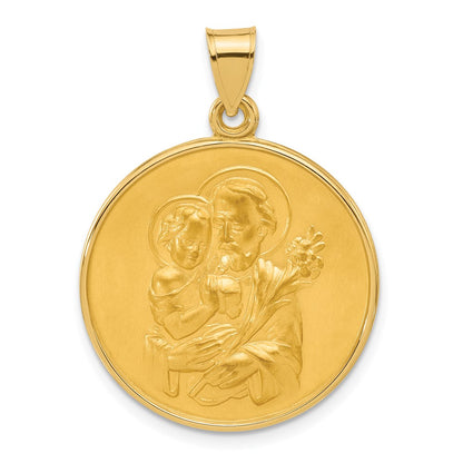 14K Yellow Gold Polished and Satin Solid Large St Joseph Medal Round Pendant