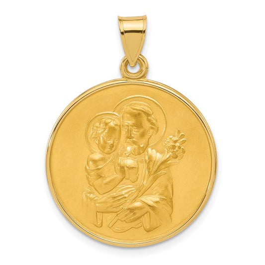14K Yellow Gold Polished and Satin Solid Large St Joseph Medal Round Pendant