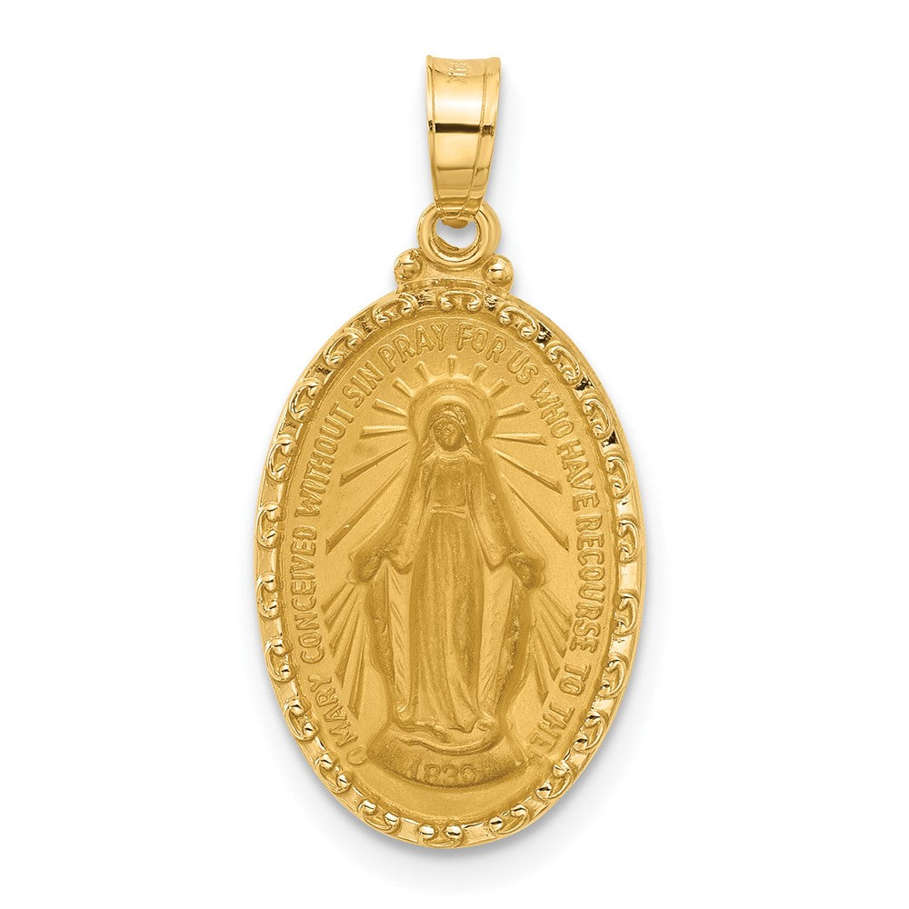 14K Yellow Gold Polished and Satin Solid Miraculous Medal Oval Pendant