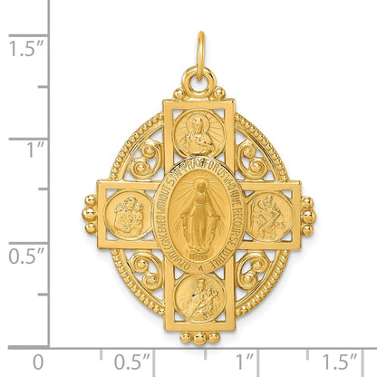 14K Yellow Gold Polished Miraculous Medal and Four-way Cross in Filigree Oval Pendant
