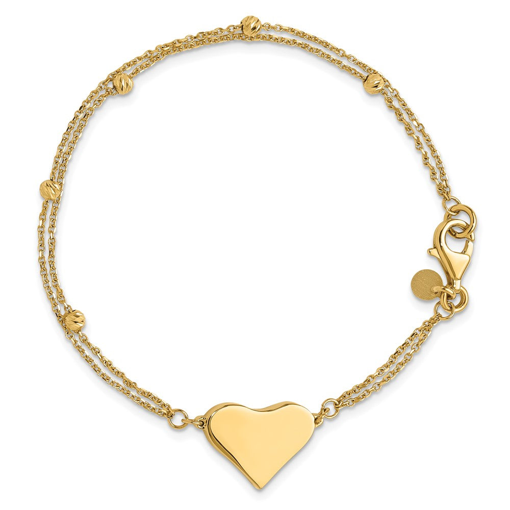 14K Yellow Gold Polished 11x18mm Heart and Diamond-cut Beaded 2-Strand 7.5 Inch Bracelet