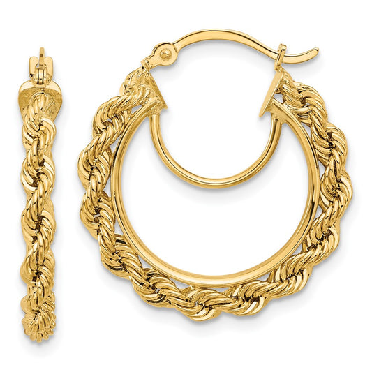 14K Yellow Gold Polished and D/C Rope 2.95mm Hoop Earrings