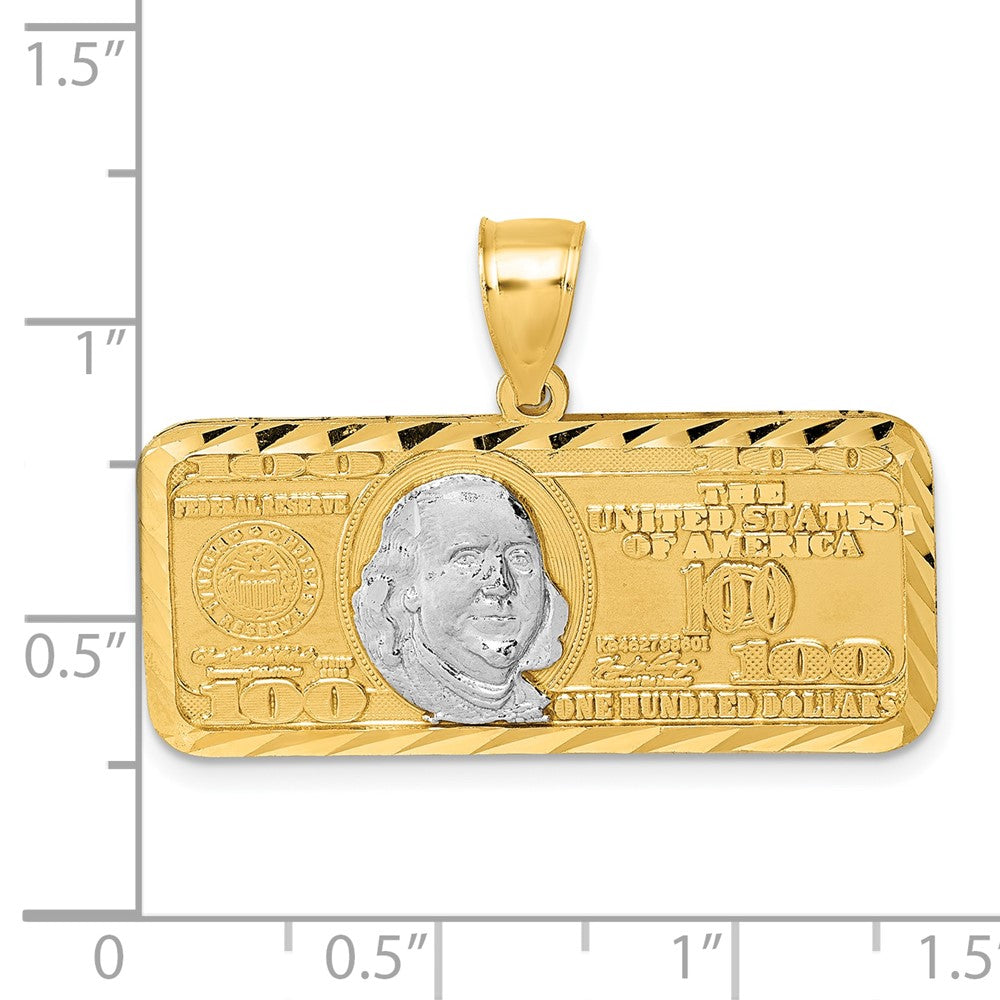 14K Yellow Gold Polished with Rhodium Diamond-cut 100 Dollar Bill Pendant