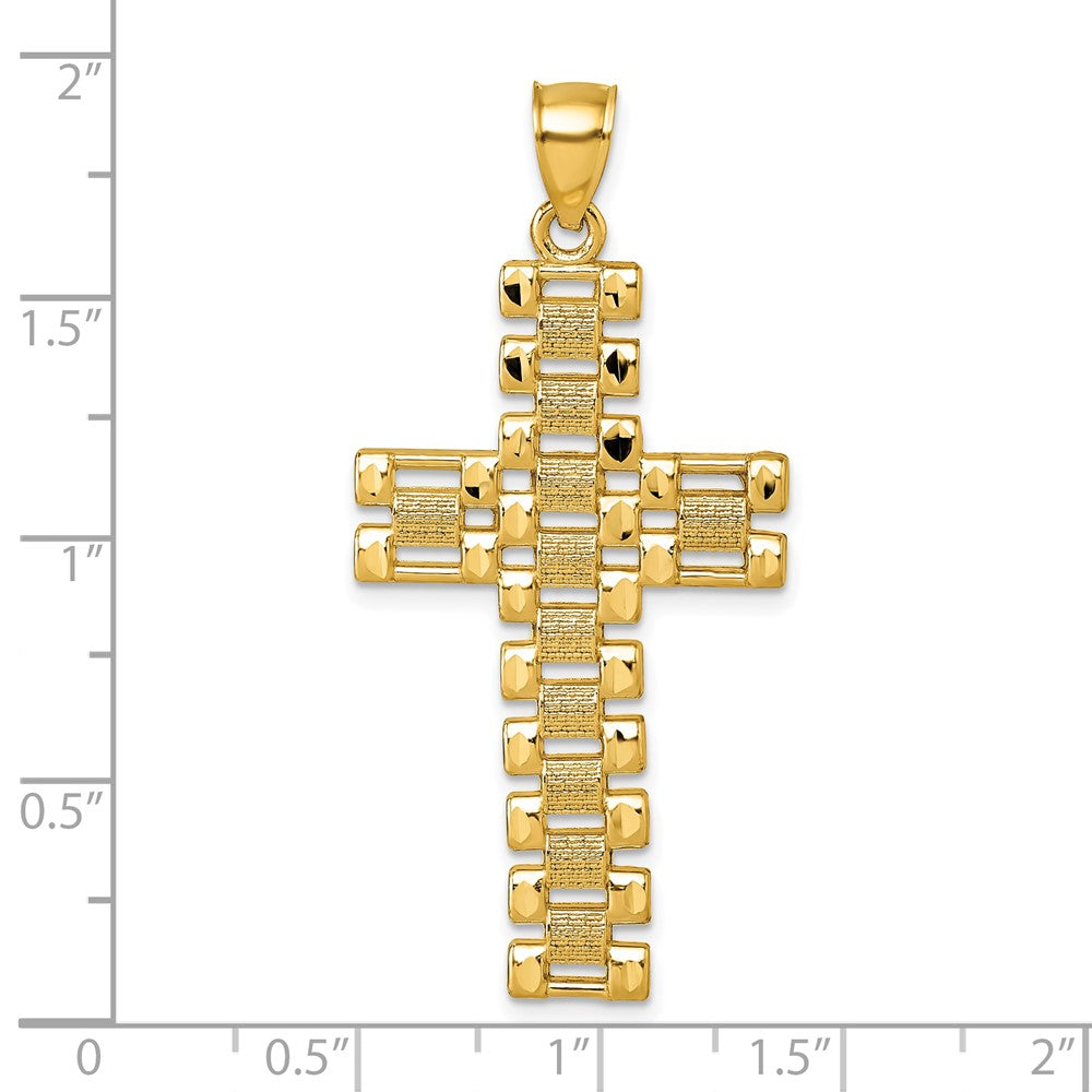 14K Yellow Gold Polished Diamond-cut Textured Fancy Link Design Latin Cross Pendant