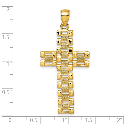 14K Yellow Gold Polished Diamond-cut Textured Fancy Link Design Latin Cross Pendant