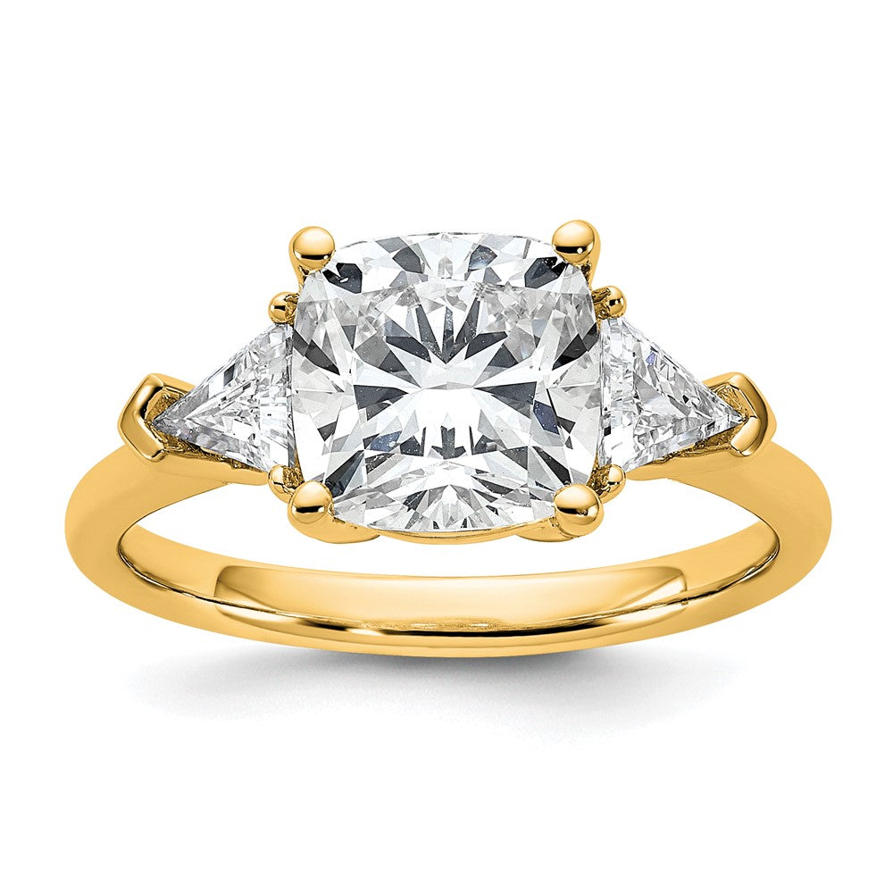 14K Yellow Gold 5/8 carat Lab Grown Diamond VS+ F+ Triangle 2 1/2 carat Cushion Center Semi Mount Three Stone Engagement Ring