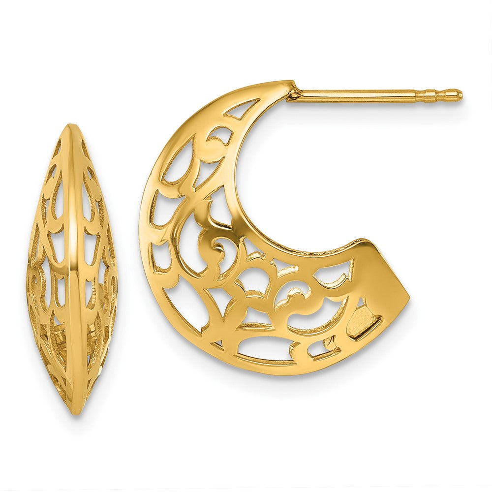 14K Yellow Gold Polished Fancy Cut Out Design Post J-Hoop Earrings