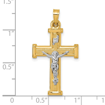 14K Yellow Gold with Rhodium Polished and Textured INRI Crucifix Cross Pendant