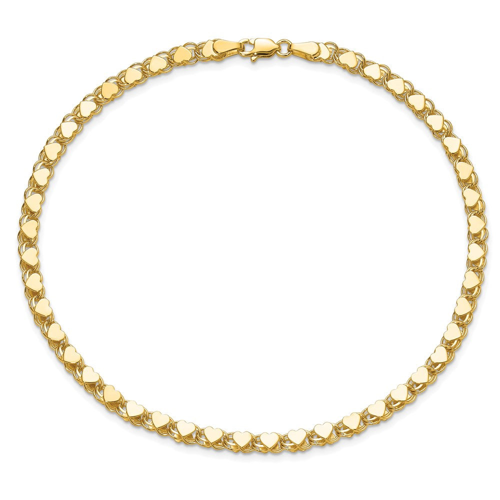 14K Yellow Gold Polished Double-Sided Hearts Double Link Anklet