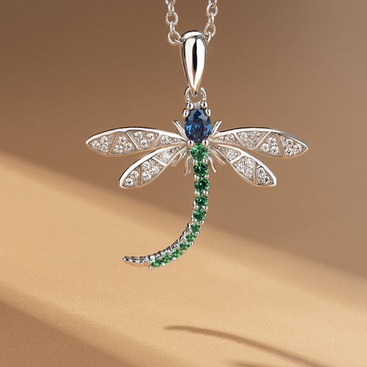 Custom Blue Sapphire & Ruby 14K White Gold Dragonfly Necklace