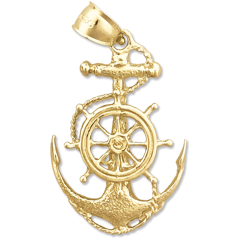 14K Gold Sailor Rope, Ship Wheel and Anchor Pendant