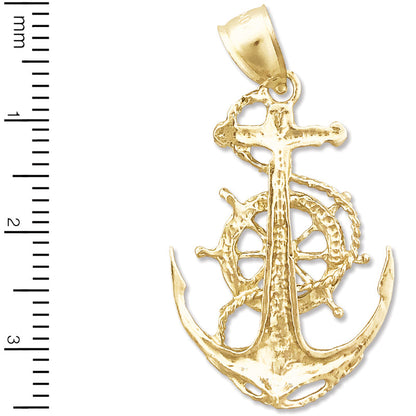 14K Gold Sailor Rope, Ship Wheel and Anchor Pendant