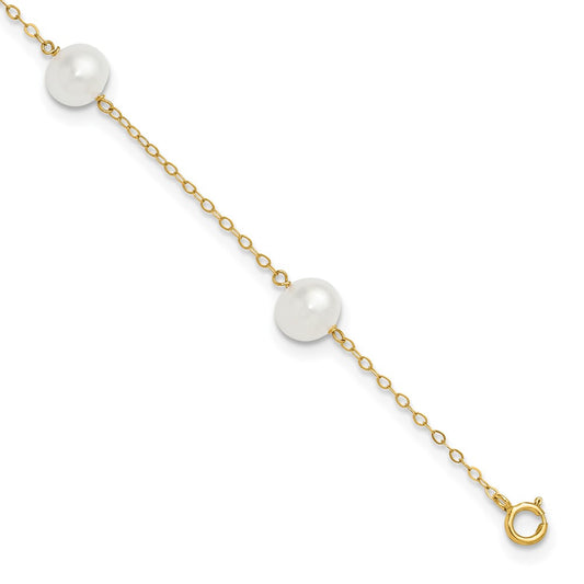 10K Yellow Gold 7-8mm White Near-Round Freshwater Cultured Pearl 5-Station 9 Inch Anklet