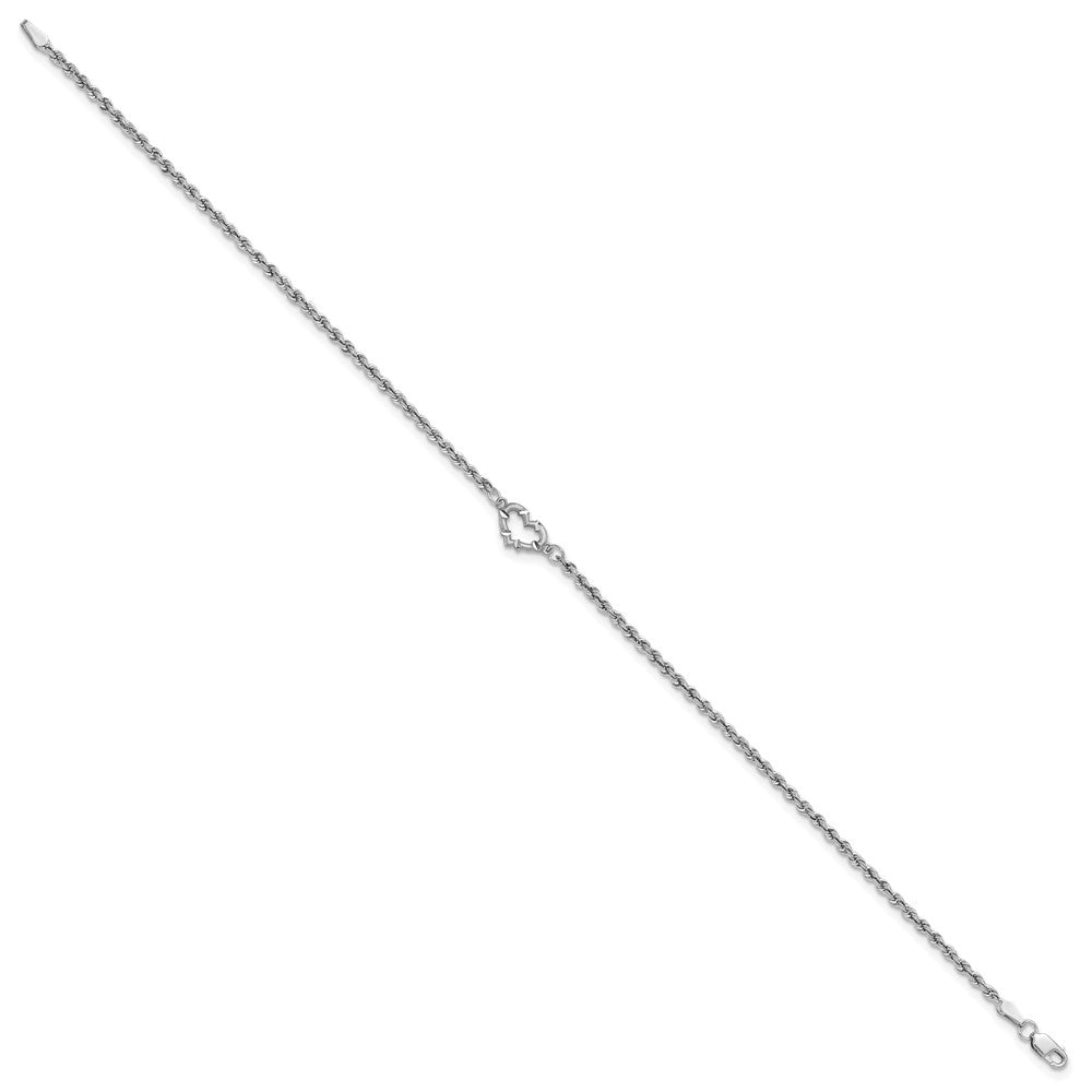 10K White Gold Diamond-Cut Rope With Heart 10In Anklet