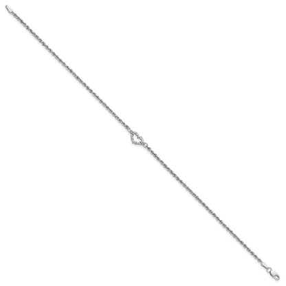 10K White Gold Diamond-Cut Rope With Heart 10In Anklet