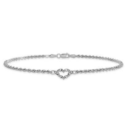10K White Gold Diamond-Cut Rope With Heart 10In Anklet