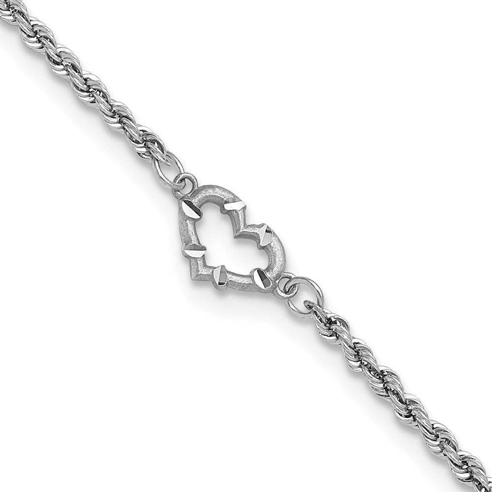 10K White Gold Diamond-Cut Rope With Heart 10In Anklet