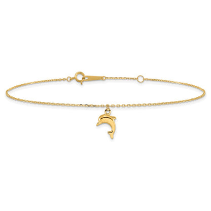 10K Yellow Gold Dolphin Charm 9In With 1In Extension Anklet