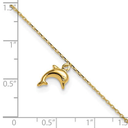 10K Yellow Gold Dolphin Charm 9In With 1In Extension Anklet