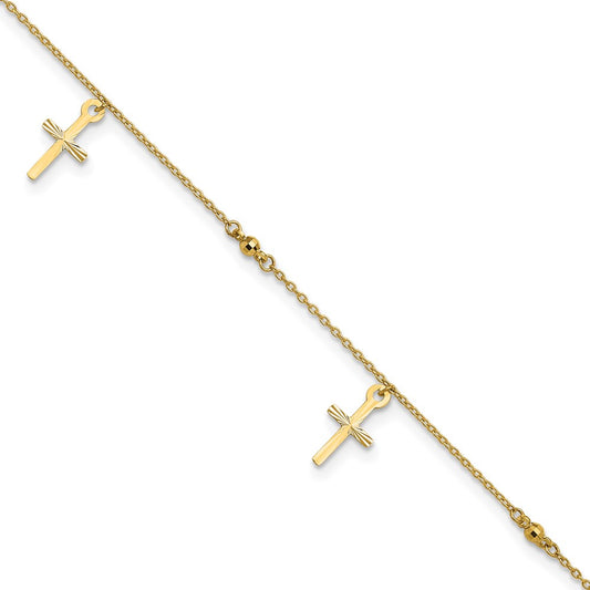 10K Yellow Gold Polished And Textured Cross 9In Plus 1In Ext. Anklet