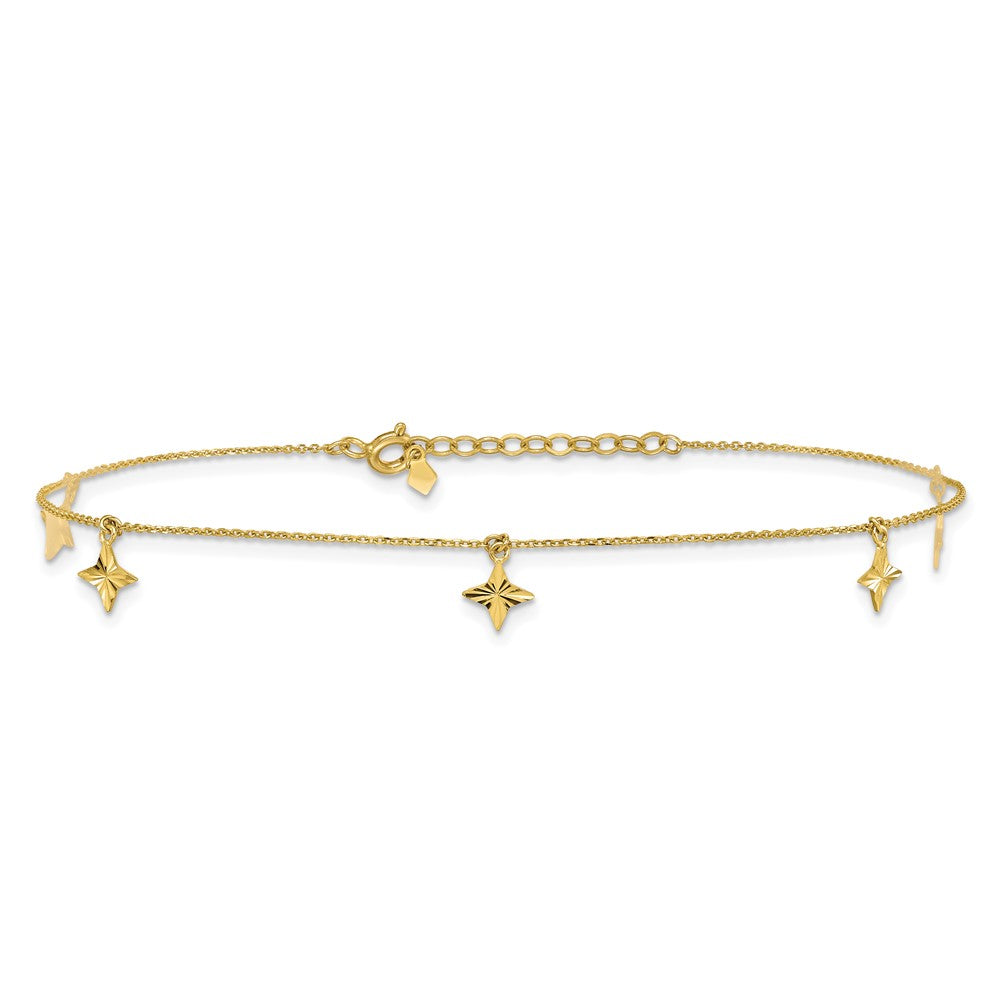 10K Yellow Gold Polished Diamond-Cut Stars 5-Station 9 Inch With 1 Extension Anklet