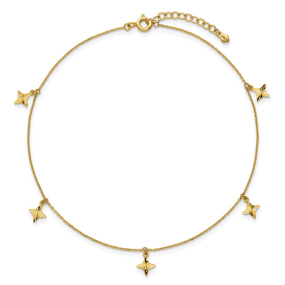 10K Yellow Gold Polished Diamond-Cut Stars 5-Station 9 Inch With 1 Extension Anklet