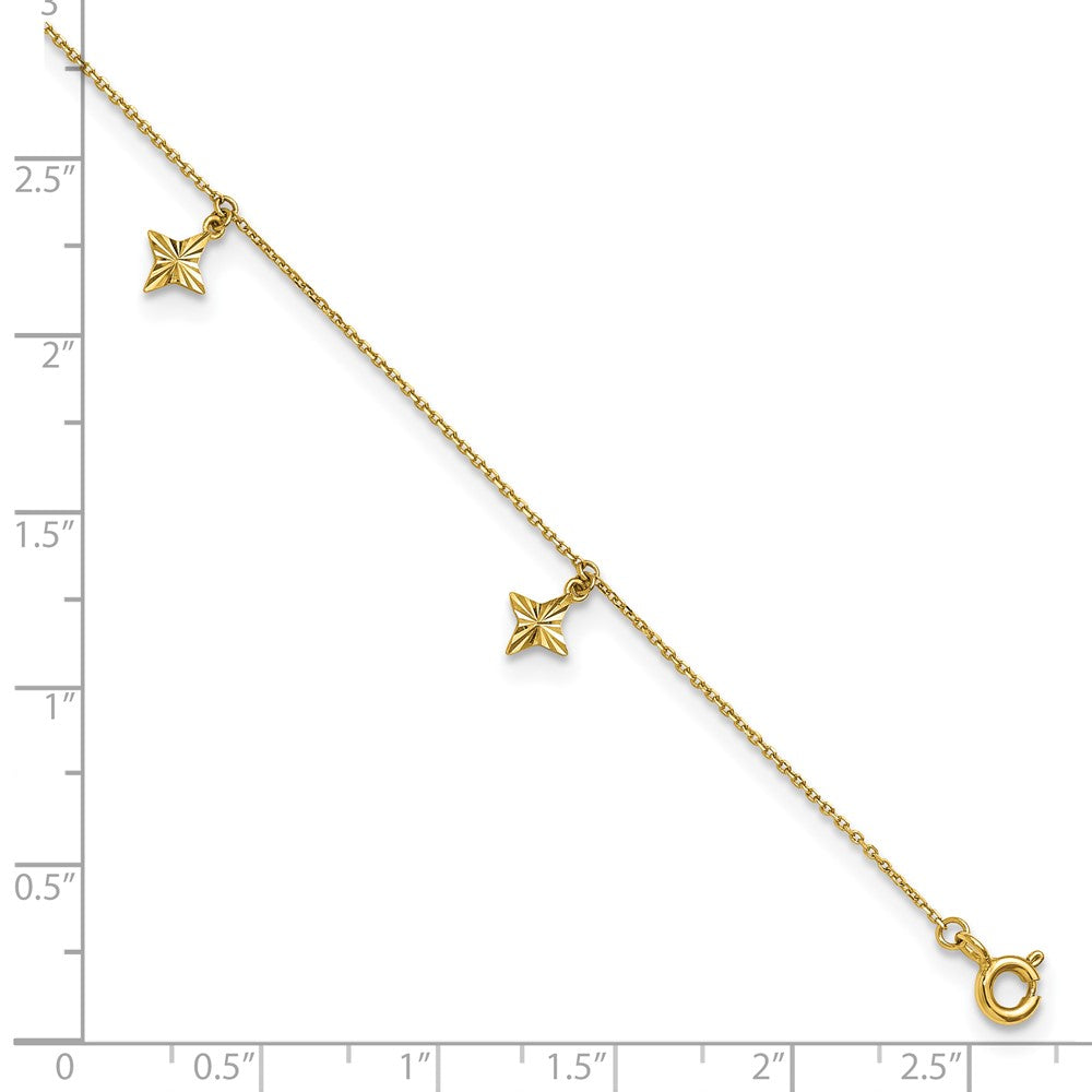 10K Yellow Gold Polished Diamond-Cut Stars 5-Station 9 Inch With 1 Extension Anklet