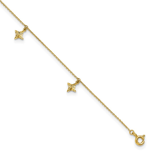 10K Yellow Gold Polished Diamond-Cut Stars 5-Station 9 Inch With 1 Extension Anklet