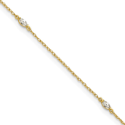 10K Yellow Gold Polished Marquise Cz 4-Station 10 Inch Anklet