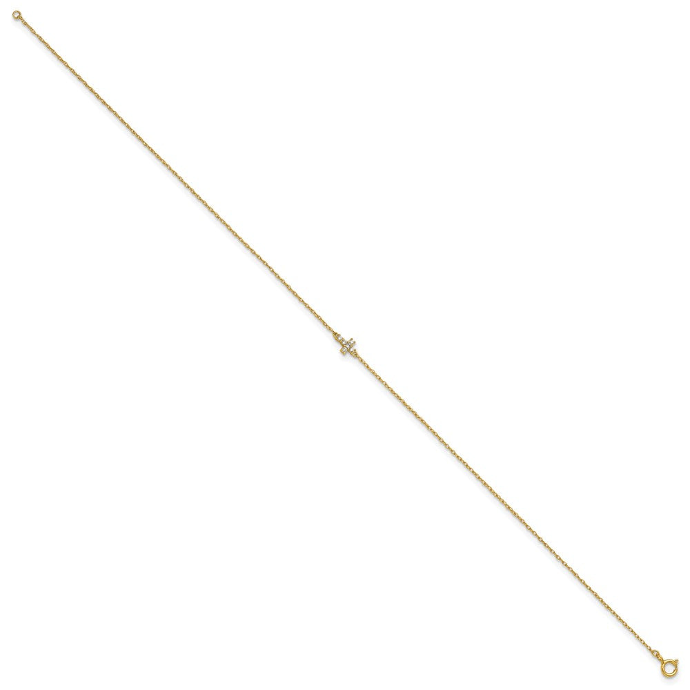 10K Yellow Gold Polished Cz Cross 10 Inch Anklet